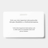 Badge Carte d'identité École pour enfants d'élèves (Dos)