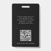 Badge Carte d'identité employé avec code QR et logo noir (Arrière)