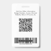Badge Carte d'identité employé avec codes QR et codes-ba (Arrière)