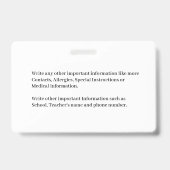 Badge Carte d'identité Enfant Bébé Photo d'urgence (Back)