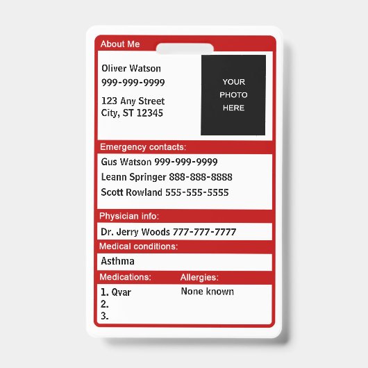 Badge Carte d'identité médicale d'urgence (Avant)