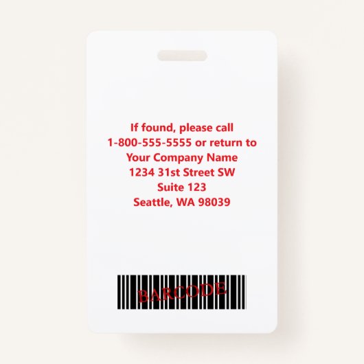 Badge Carte d'identité photo d'employé blanc gris rouge (Dos)