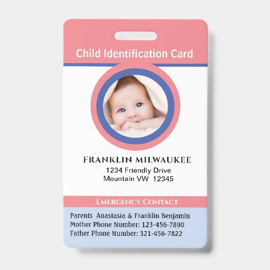Badge Carte d'identité photo pour enfant garçon fille en (Front)