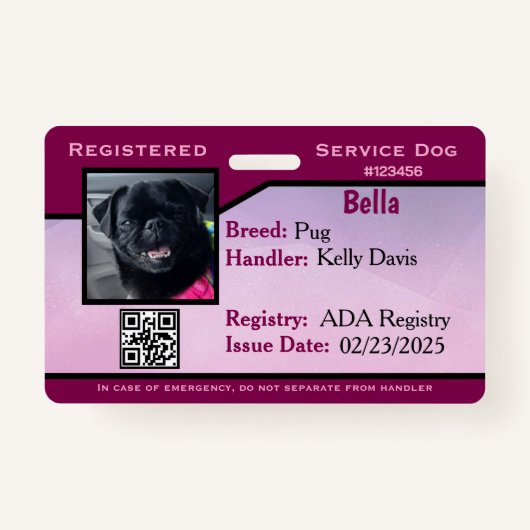 Badge Carte d'identité pour chien de service pourpre (Devant)