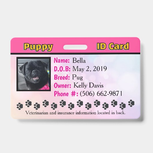 Badge carte d'identité pour chiot - Rose (Avant)
