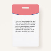 Badge Carte d'identité pour enfant garçon fille allergie (Dos)