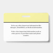 Badge Carte d'identité pour enfants élèves École (Dos)