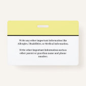 Badge Carte d'identité pour enfants élèves École (Dos)