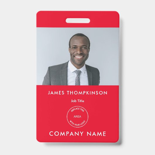 Badge Carte d'identité simple d'employé Nom Logo Rouge (Avant)