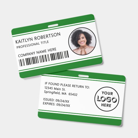 Badge Carte d'identité verte avec logo moderne et code-b (Avant & arrière)