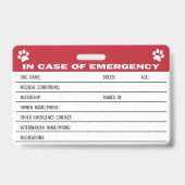 Badge Carte d'information médicale d'urgence pour chien (Arrière)