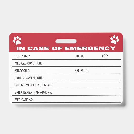 Badge Carte d'information médicale d'urgence pour chien (Avant)