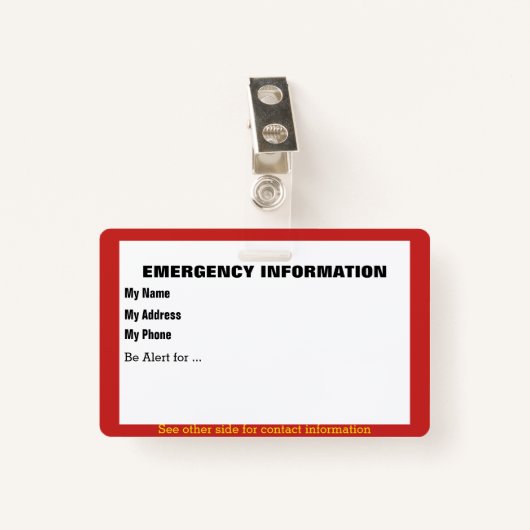 Badge Carte d'informations en cas d'urgence (Devant avec clip)