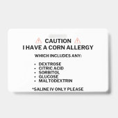 Badge Carte d'urgence d'alerte d'allergie au maïs (Arrière)