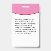 Badge Carte d'urgence d'identification d'enfant  (Arrière)