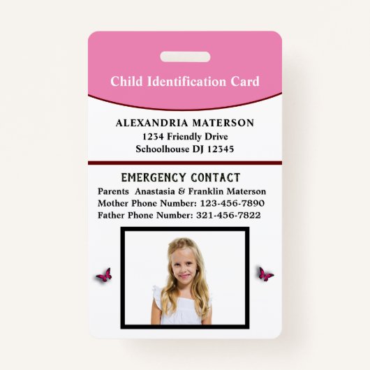 Badge Carte d'urgence d'identification d'enfant (Devant)