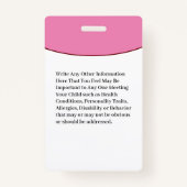 Badge Carte d'urgence d'identification d'enfant (Dos)