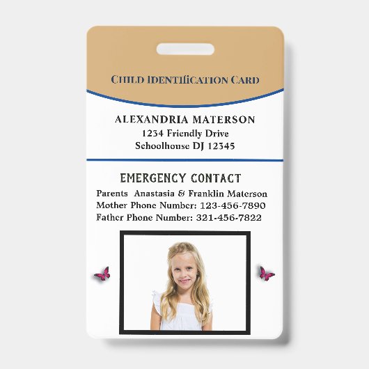 Badge Carte d'urgence d'identification d'enfant garçon f (Avant)