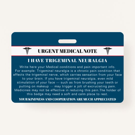 Badge Carte Médicale d'urgence Neuralgie Trigeminal (Devant)
