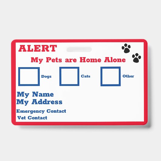 Badge Carte Portefeuille d'alerte pour animaux  (Front)