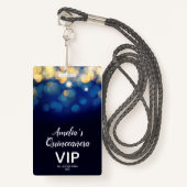 Badge Carte VIP Invitation Gold Bokeh Quinceañera (Devant avec lanière)