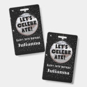 Badge Célébrons la boule disco noire d'anniversaire VIP (Avant & arrière)