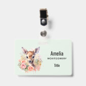 Badge Cerf mignon entouré de roses (Avant avec clip)