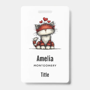 Badge Chat avec des cœurs rouges mignon et amusant