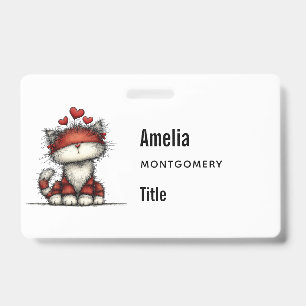 Badge Chat avec des cœurs rouges mignon et amusant