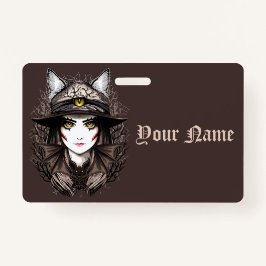Badge Chat de sorcière Halloween Déplaisant Portrait mig (Devant)