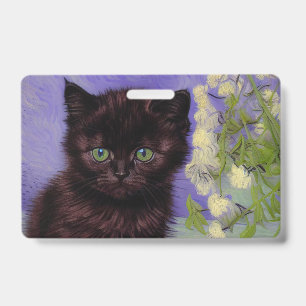 Badge Chat de style Van Gogh avec des fleurs blanches
