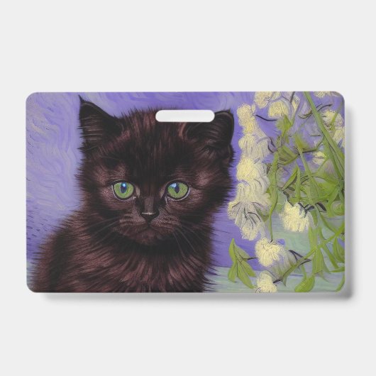 Badge Chat de style Van Gogh avec des fleurs blanches (Avant)