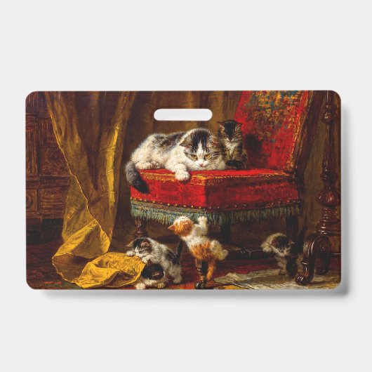 Badge Chat et chatons jouant avec une chaise (Avant)