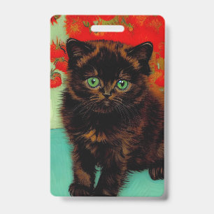 Badge Chat noir de Van Gogh Fleurs rouges