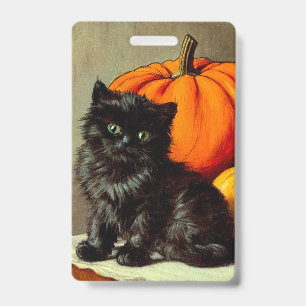 Badge Chat noir vintage d'Halloween et Citrouilles