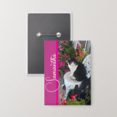 Badge Chat smoking Cats et Fleurs Filles Nom Rose foncé (Recto/Verso)