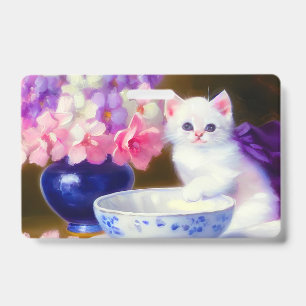 Badge Chaton Blanc Vintage avec Ruban Violet