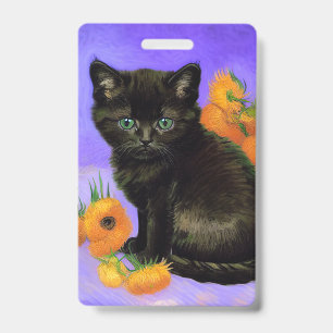 Badge Chaton noir de Van Gogh avec Tournesols