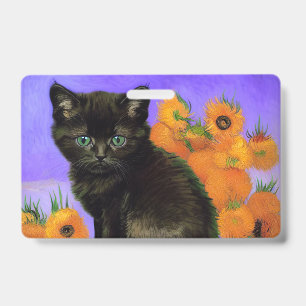 Badge Chaton noir de Van Gogh avec tournesols