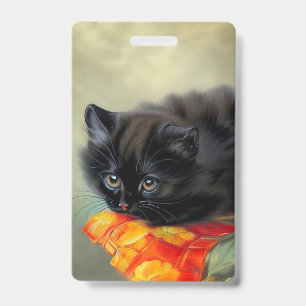 Badge Chaton noir vintage avec couverture de fleurs roug