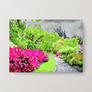 Badge Chemin de jardin serein avec fleurs roses vives