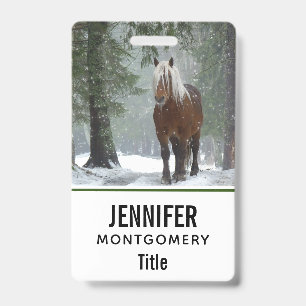 Badge Cheval Brown dans une forêt d'hiver avec chute de