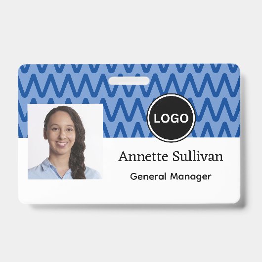 Badge Chevron Bleu | Logo de l'entreprise et code-barres (Avant)