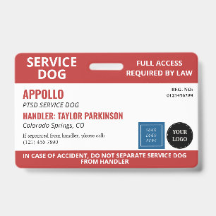 Badge Chien de service Rouge Blanc 2 Logos Sans Photo ID