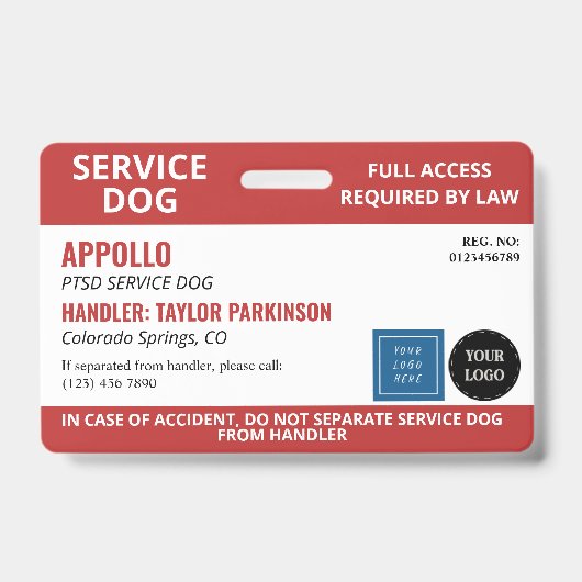 Badge Chien de service Rouge Blanc 2 Logos Sans Photo ID (Avant)