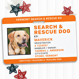 Badge Chien de travail SAR K9 Logo Photo Secourt de rech