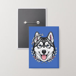 Badge Chien Husky Sibérien et Fleur de Laurier des Monta
