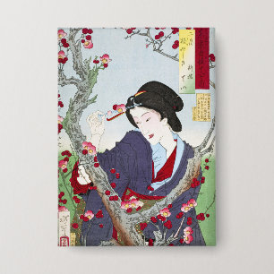 Badge Chinoiserie Dame japonaise et fleur de cerisier ro
