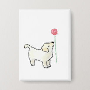 Badge Chiot Blanc Sentant une Fleur Rose