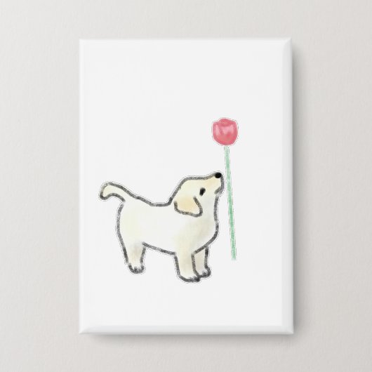 Badge Chiot Blanc Sentant une Fleur Rose (Recto)